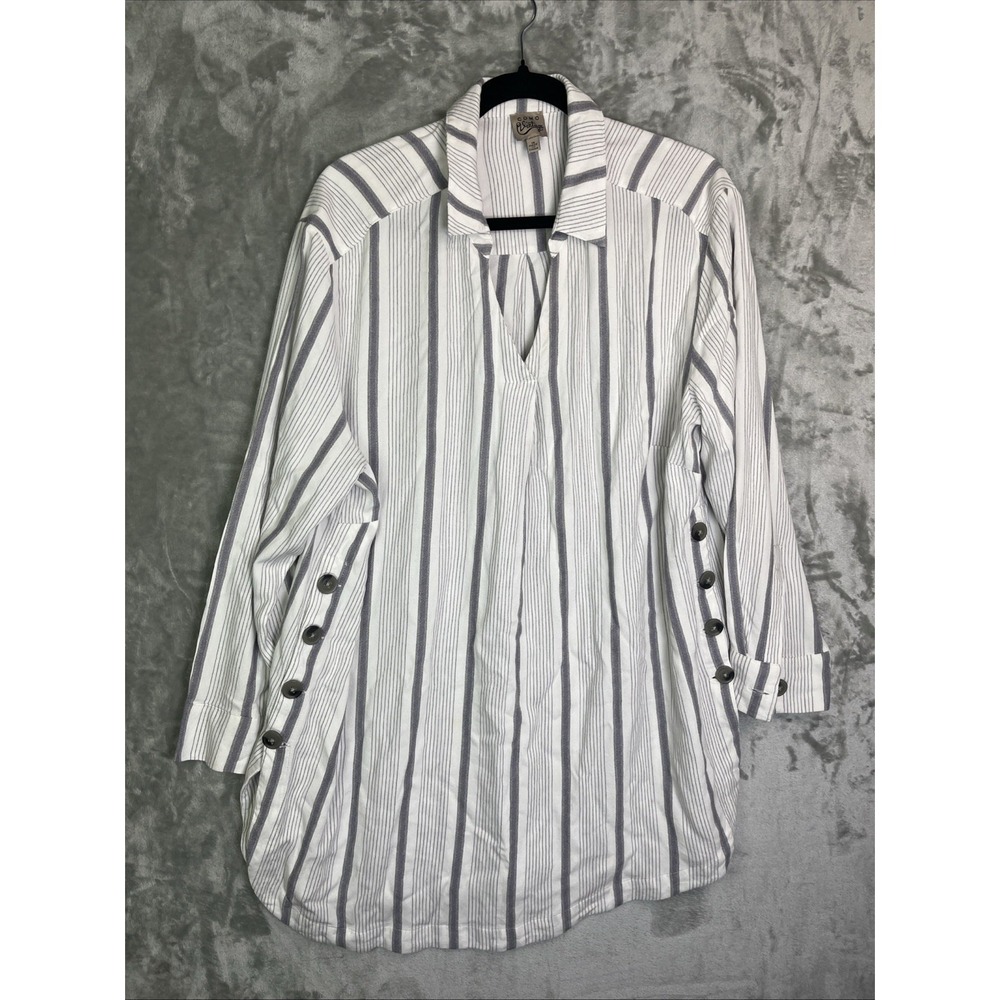Como Vintage 1X Blue Gray Striped‎ Rayon Tunic Collared Blouse Loose Fit